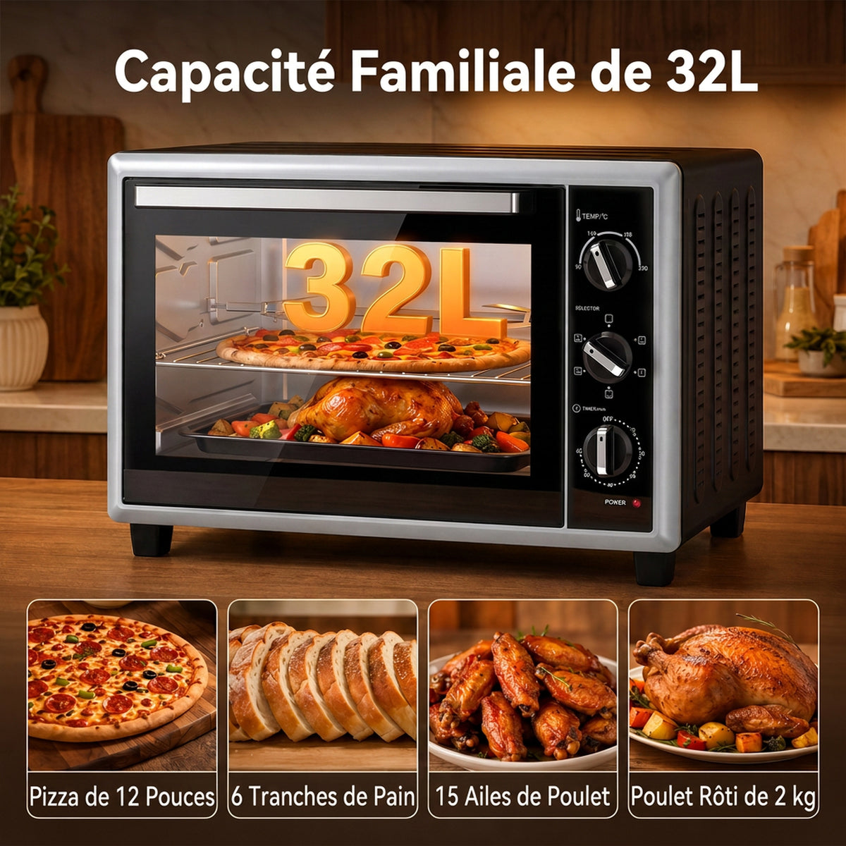 Mini-Four Électrique avec Broche Rotative 32L 1500W, Four à Convection Multifonction, Chaleur Tournante, Minuterie, Noir-4