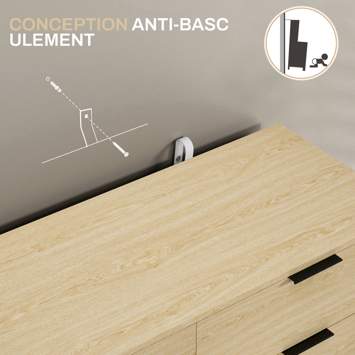 Commode 6 tiroirs Commode moderne pour chambre à coucher avec design anti-basculement 110L x 40l x 75H cm Aspect bois-5