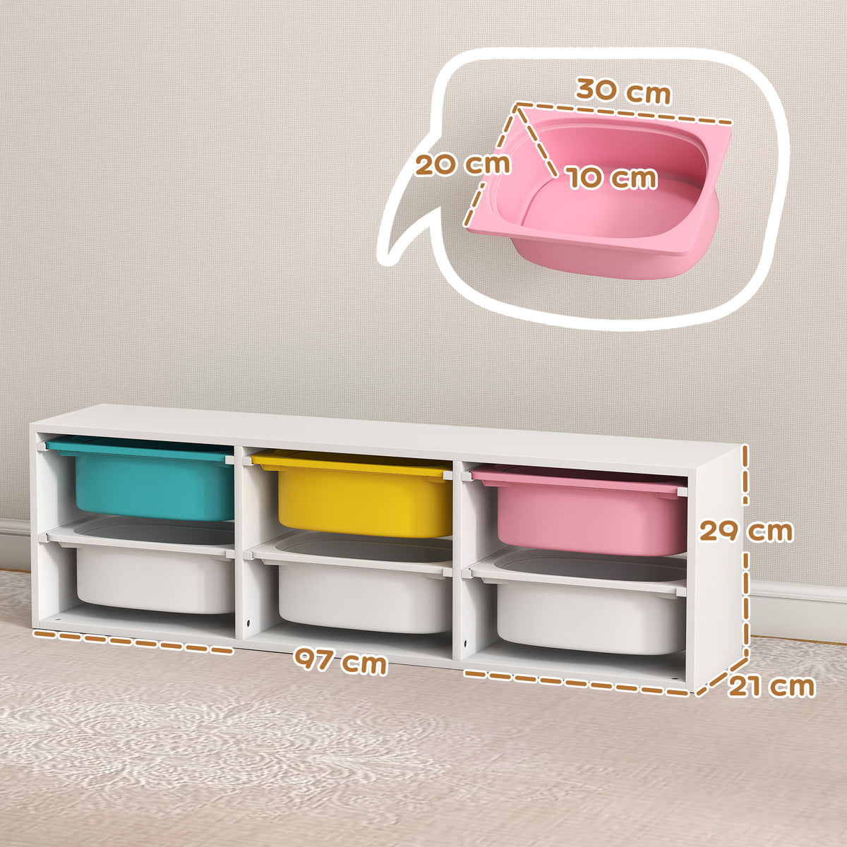 Meuble rangement enfant à 2 niveaux, étagère de rangement pour jouets enfants avec 6 bacs amovibles, 97x21x29cm, blanc-2