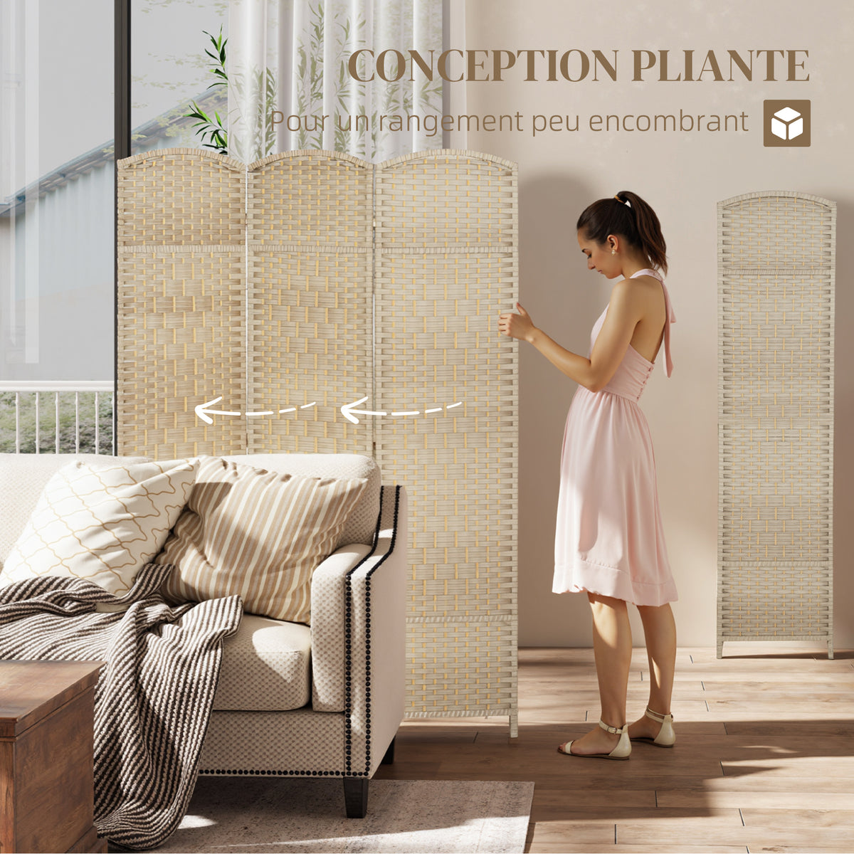 Paravent intérieur en bois 3 panneaux séparateur de pièce pliable pour salon chambre 135 x 180 cm chêne-3