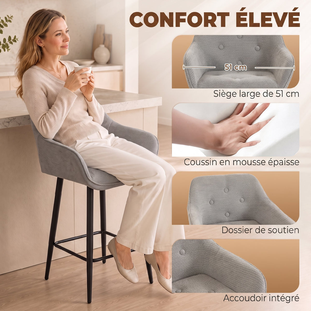 Lot de 2 Tabourets de Bar, Chaises de Bar Rembourrées en Chenille, Assise Large 67H cm, Dossier et Repose-Pieds, Gris-4