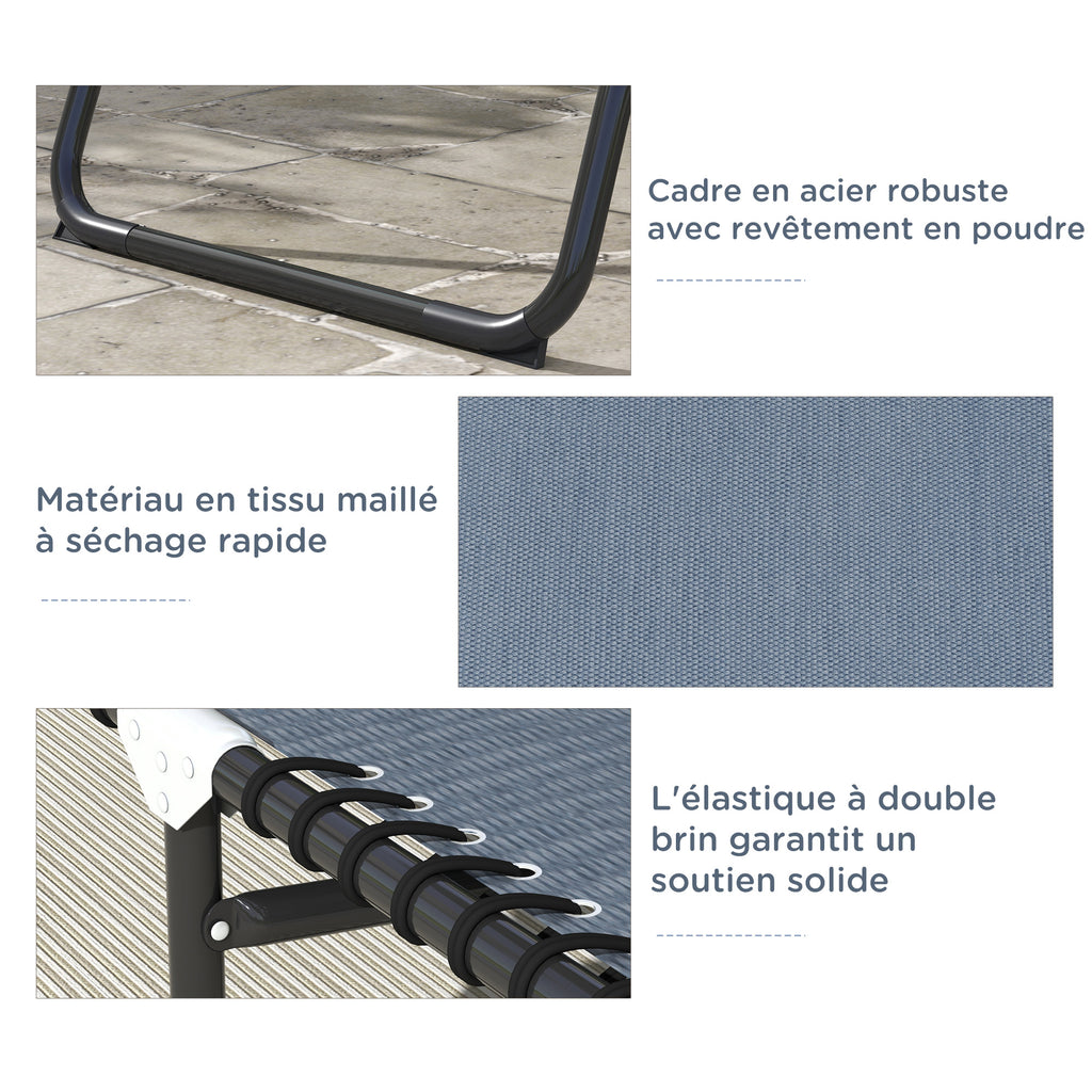 Bain de Soleil transat Pliable Dossier inclinable Multi-Positions Acier thermoplastique Lacets élastiques Noir-4