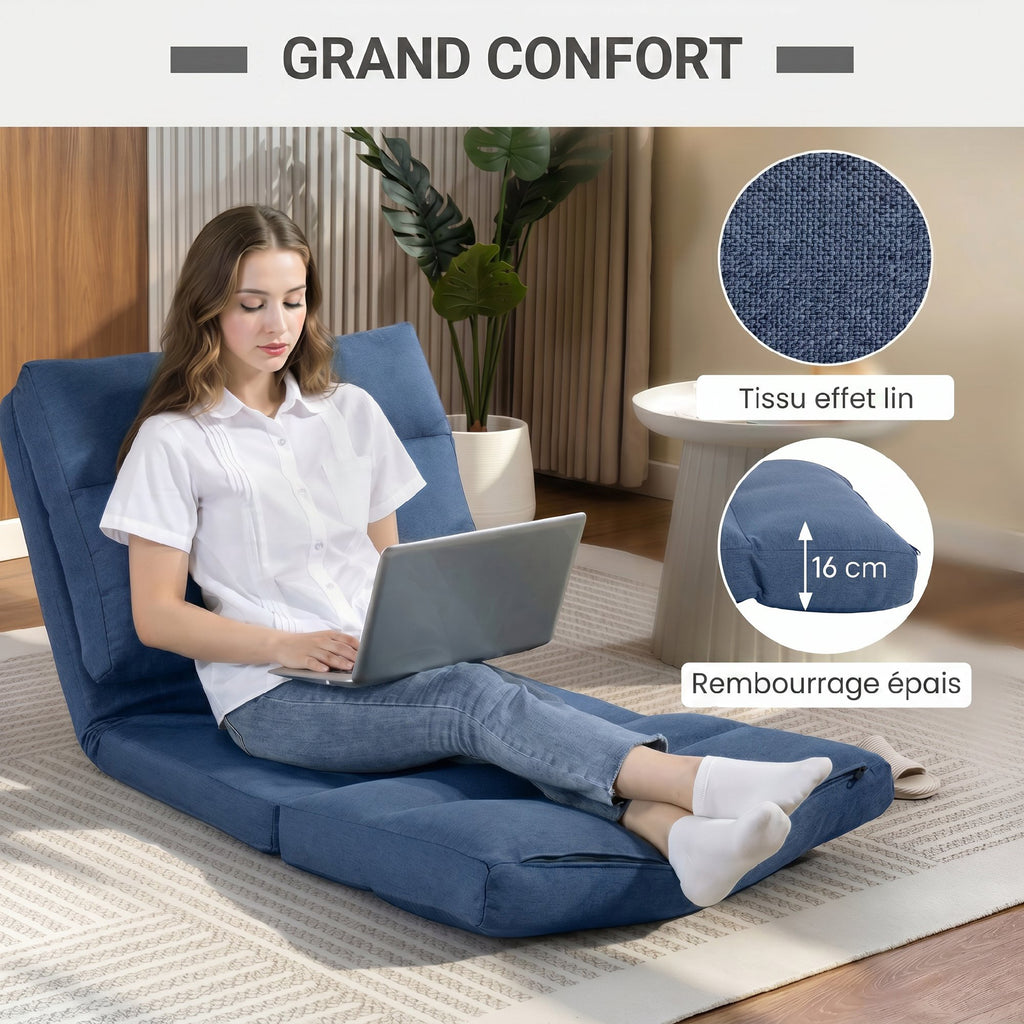 Fauteuil de sol canapé paresseux fauteuil convertible en lit inclinable 90° à 180° tissu - 70 x 72 x 56 cm - bleu foncé-5