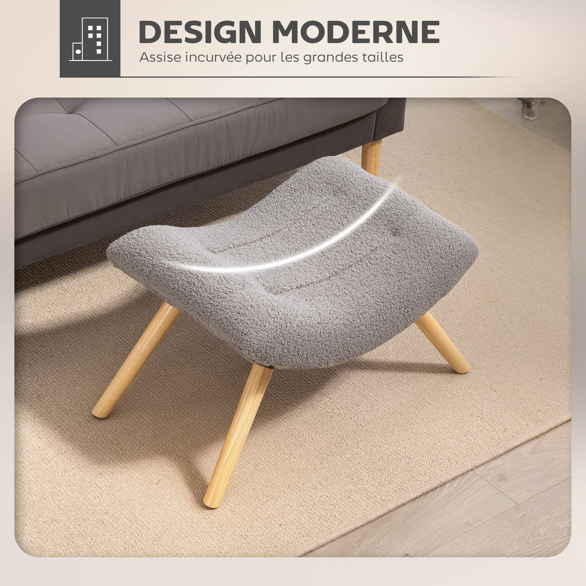 Repose pied salon ottoman pouf salon tabouret de canapé en tissu avec pieds en bois d'hévéa, siège rembourré, gris-3