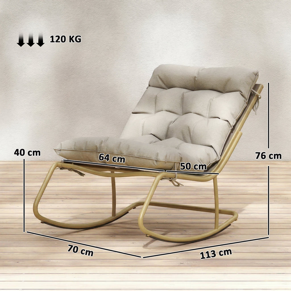 Fauteuil à Bascule Extérieur Coussin Moelleux 125cm Large 64cm en Acier et Textilène Beige et Doré-2