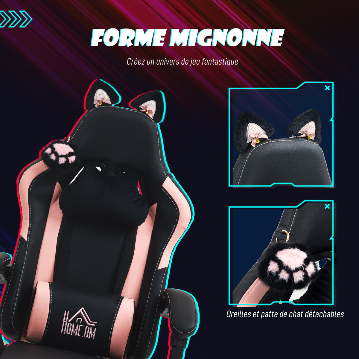 Chaise gaming ergonomique avec Oreilles de Chat, fauteuil gamer avec dossier inclinable, 65 x 62 x 124 cm, noir-3