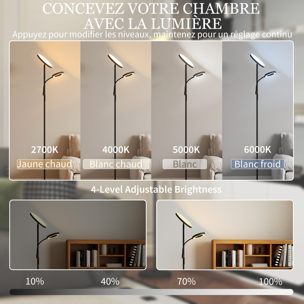 Lampadaire LED 42W dimmable 2700K-6500K 4 couleurs variation continue, 4 modes scène, télécommande et contrôle tactile-3