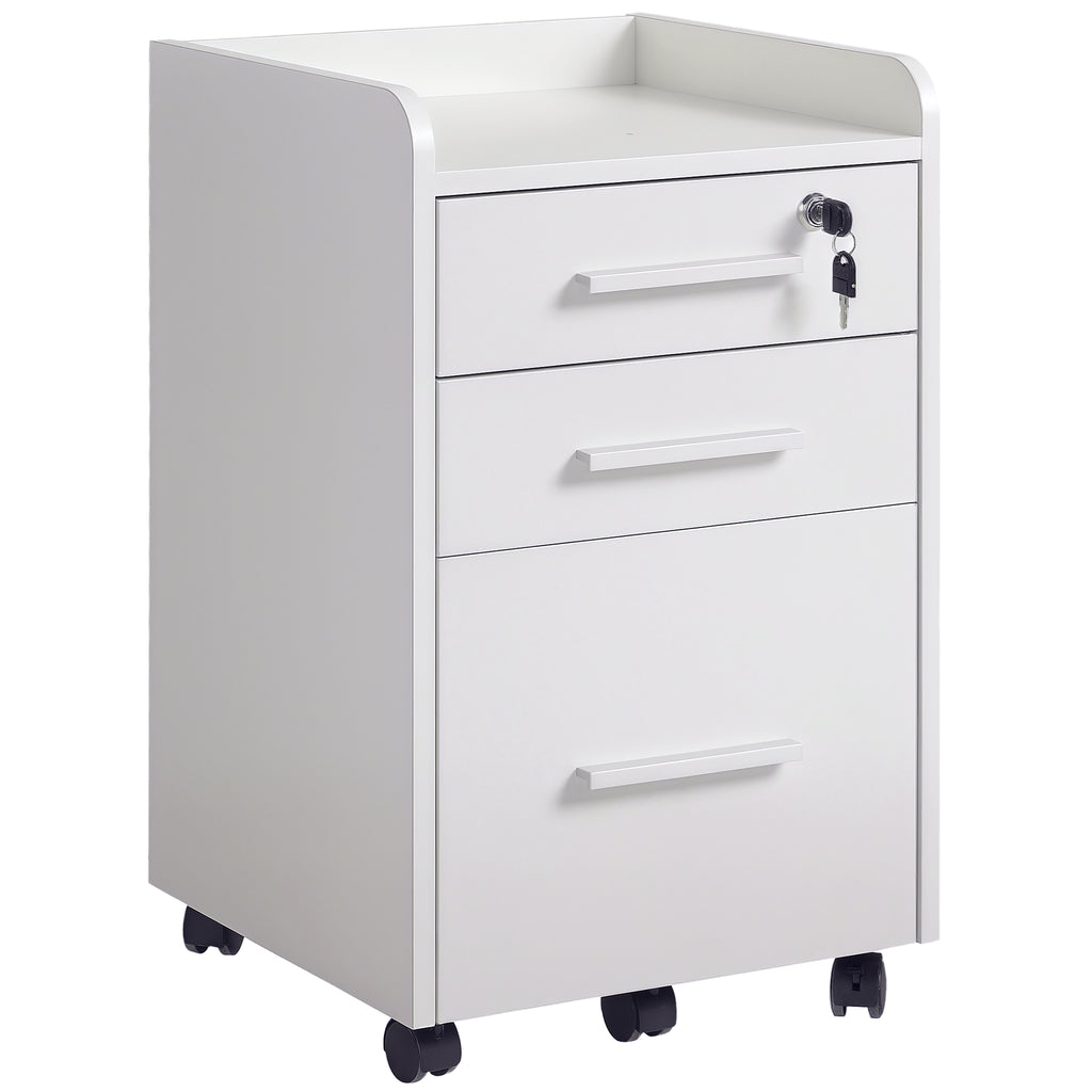 Caisson de bureau rangement bureau sur roulettes 3 tiroirs 1 verrouillable 1 trieur dossiers en bois blanc-0