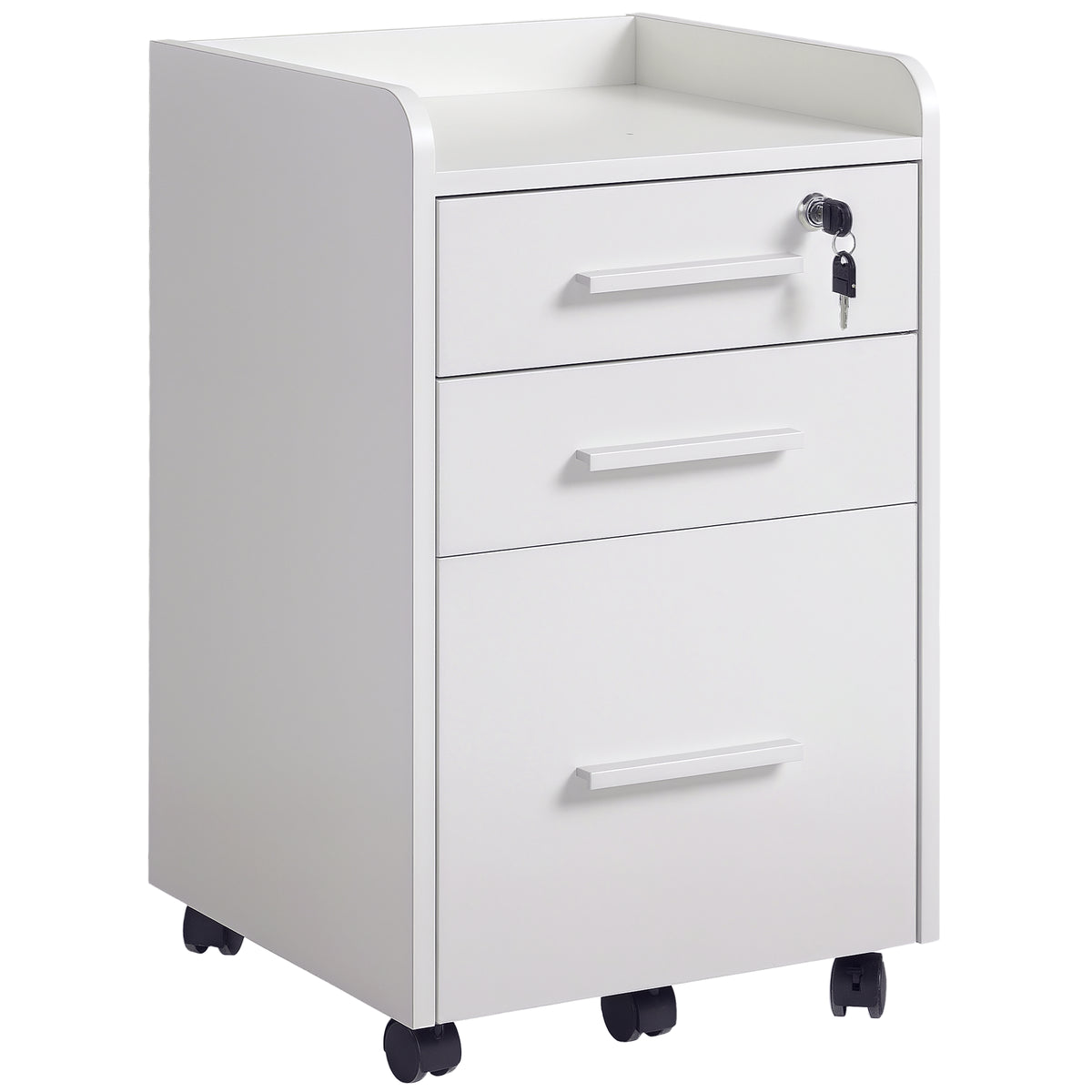 Caisson de bureau rangement bureau sur roulettes 3 tiroirs 1 verrouillable 1 trieur dossiers en bois blanc-0