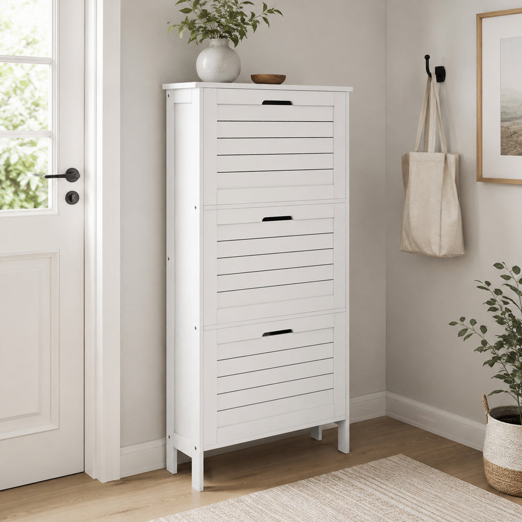 Meuble à Chaussures 6 Paires, Armoire à Chaussures Étroite Moderne, 3 Tiroirs Rabattables et Portes Persiennes, Blanc-5