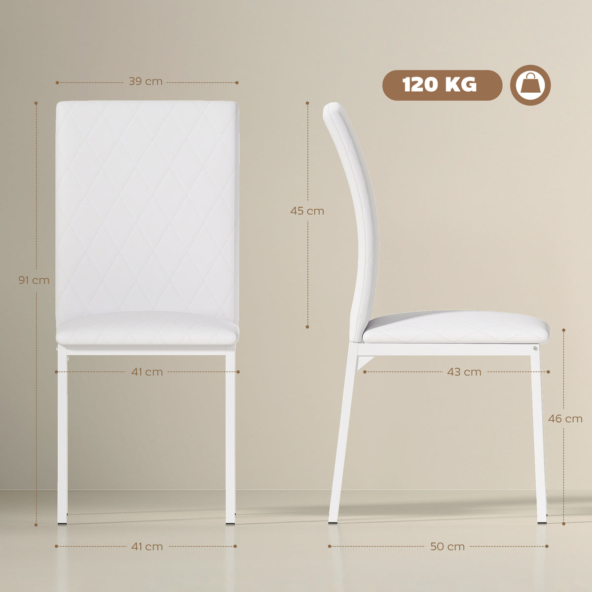 Lot de 4 chaises de salle à manger, chaises de cuisine, capitonnage rhombique et pieds en métal, 41x50x91cm, blanc-2