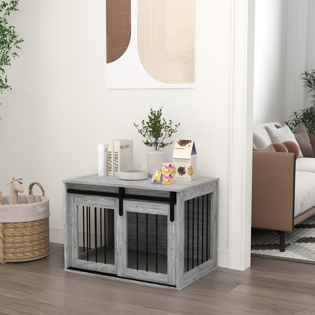 Cage caisse pour chien animaux intérieur porte coulissante, métal effet bois, dim. 57H x 80L x 54l cm-1