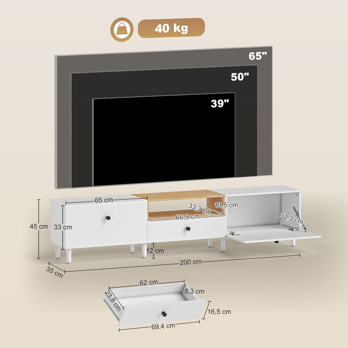 Meuble TV, meuble télé pour téléviseur jusqu'à 90 pouces avec 2 portes rabattables, tiroir, 200 x 35 x 45 cm, blanc-2