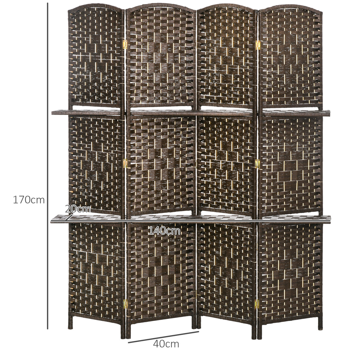 Paravent séparateur de pièce 4 panneaux 160 x170 cm avec 2 étagères, pliable, en bois-2