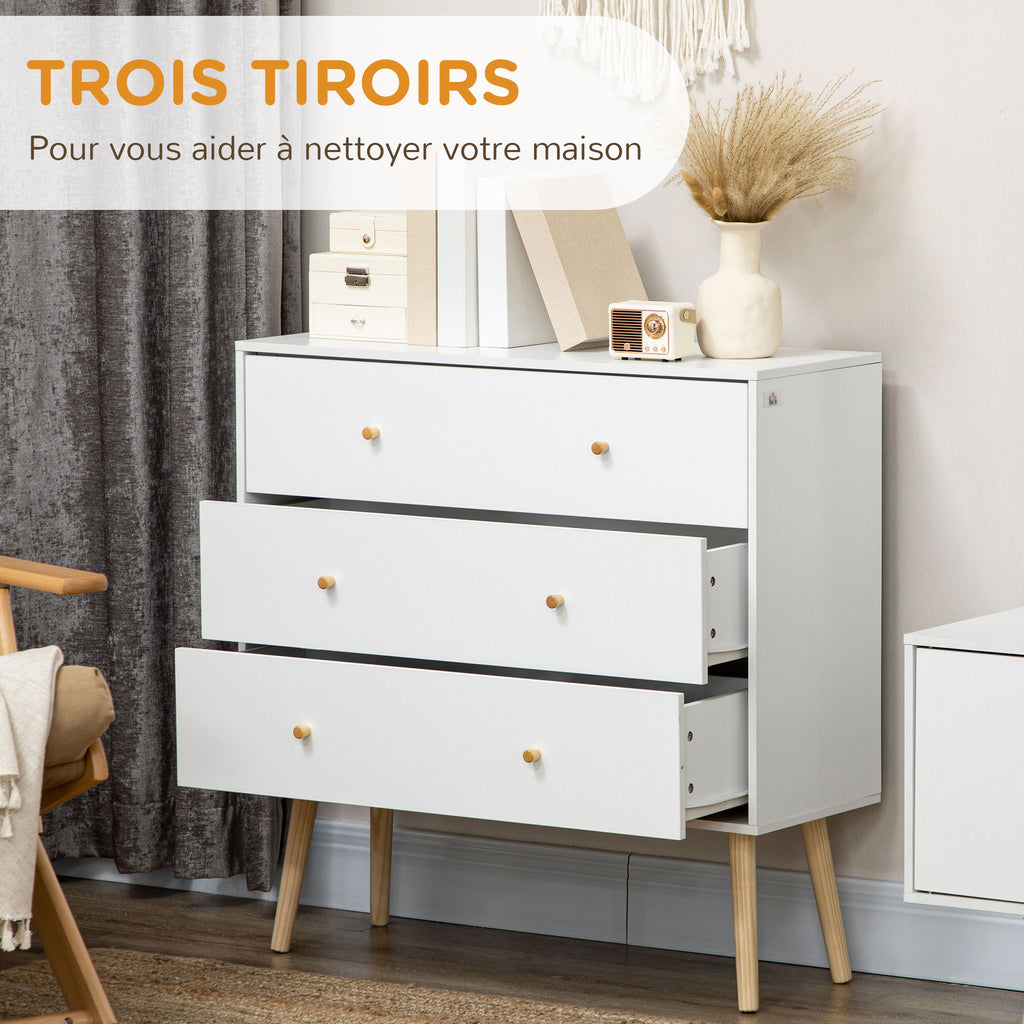 Commode 3 tiroirs design scandinave piètement effilé incliné bois pin panneaux blanc80 x 30 x 80 cm blanc-4