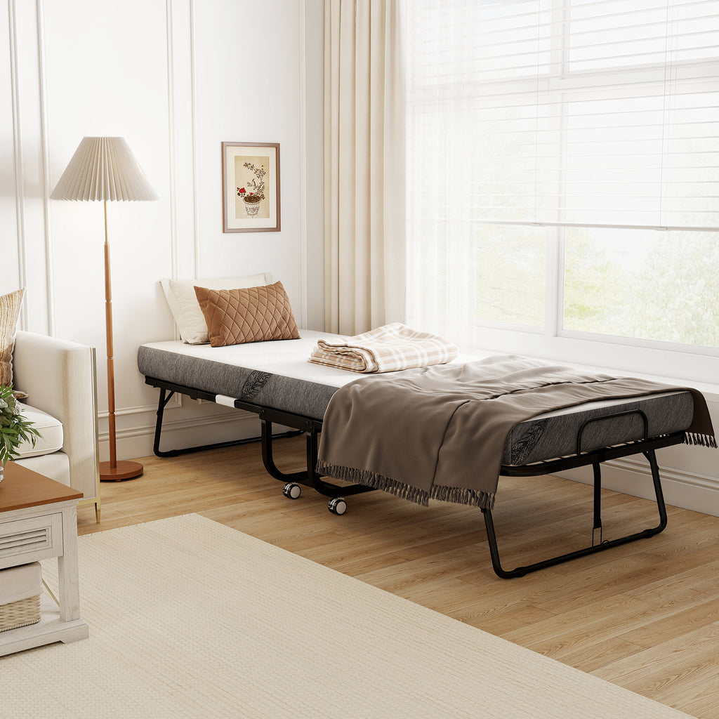 Lit pliant 1 personne 200 x 80 cm avec matelas, lit d'appoint pliable et portable sur roulettes, cadre en acier, blanc-1