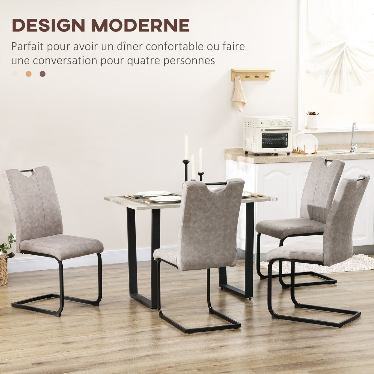 Lot de 4 chaises de salle à manger revêtement microfibre avec pieds luge en acier et poignée 43 x 58,5 x 99,5 cm marron-3