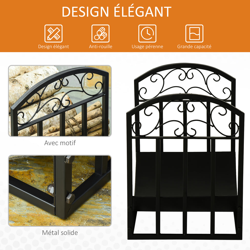 Range bûches Porte-bûches range rack à bûches support étagère à bois de cheminée charge max. 60 kg dim. 60,5L x 36l x 46,5H cm métal époxy noir-3