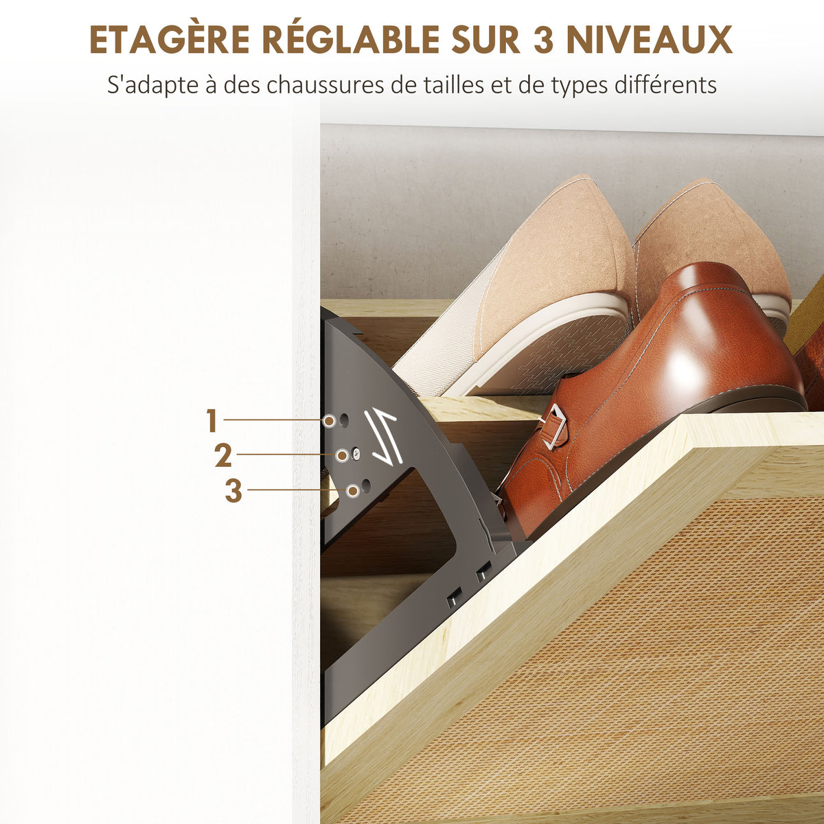 Meuble à chaussures 3 portes abattants étagère effet résine tressée design bohème 65 x 24,5 x 153 cm blanc-4