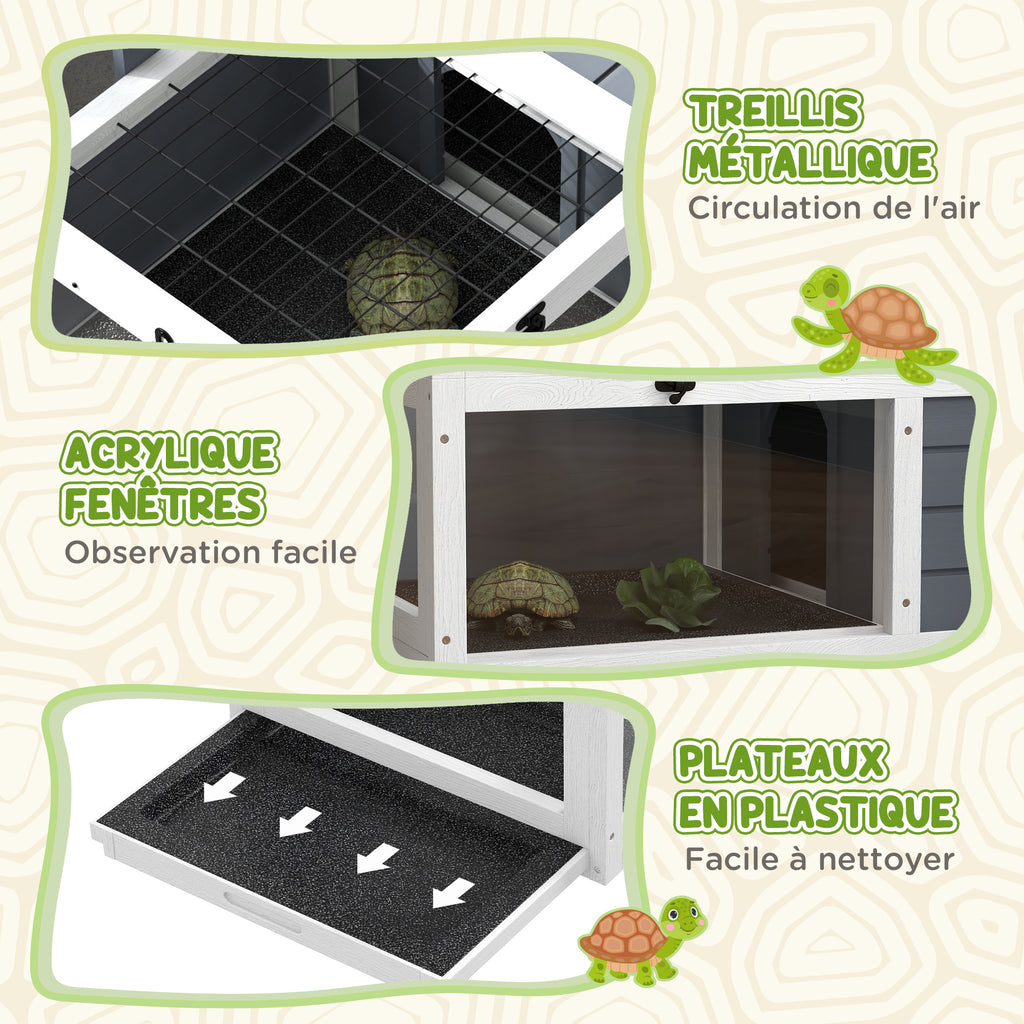 Maison enclos cage pour petit animal tortue avec 2 espaces support de lampe 81 x 48 x 31,5 cm gris-6