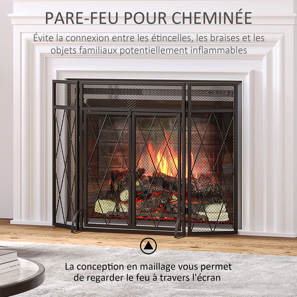 Grille de protection pour cheminée 120 x 79 cm - pare-feu pour cheminée ou poêle - pare-étincelles - barrière de sécurité - 3 volets pliables et porte - métal noir-3