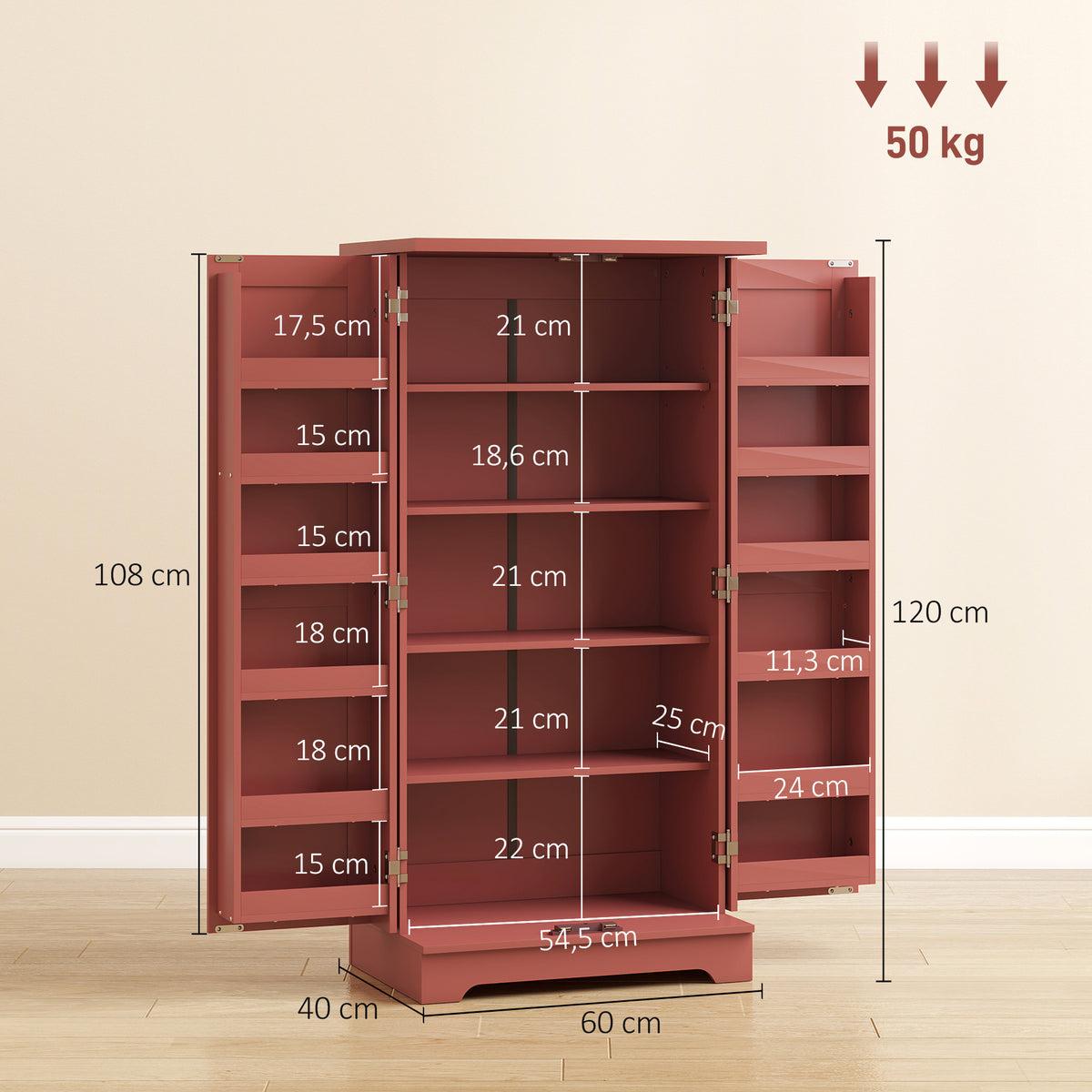 Buffet cuisine armoire de cuisine 5 niveaux avec portes et étagères réglables 60l x 40P x 120H cm grain de bois rouge-2