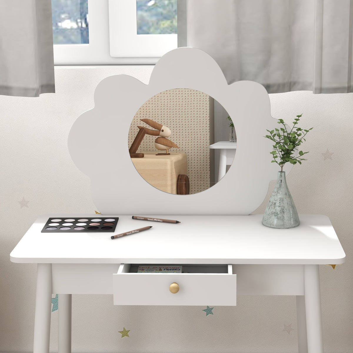 Ensemble coiffeuse pour enfant avec tabouret, coiffeuse 2 pièces pour enfants de 3 à 6 ans, miroir forme de nuage, blanc-7
