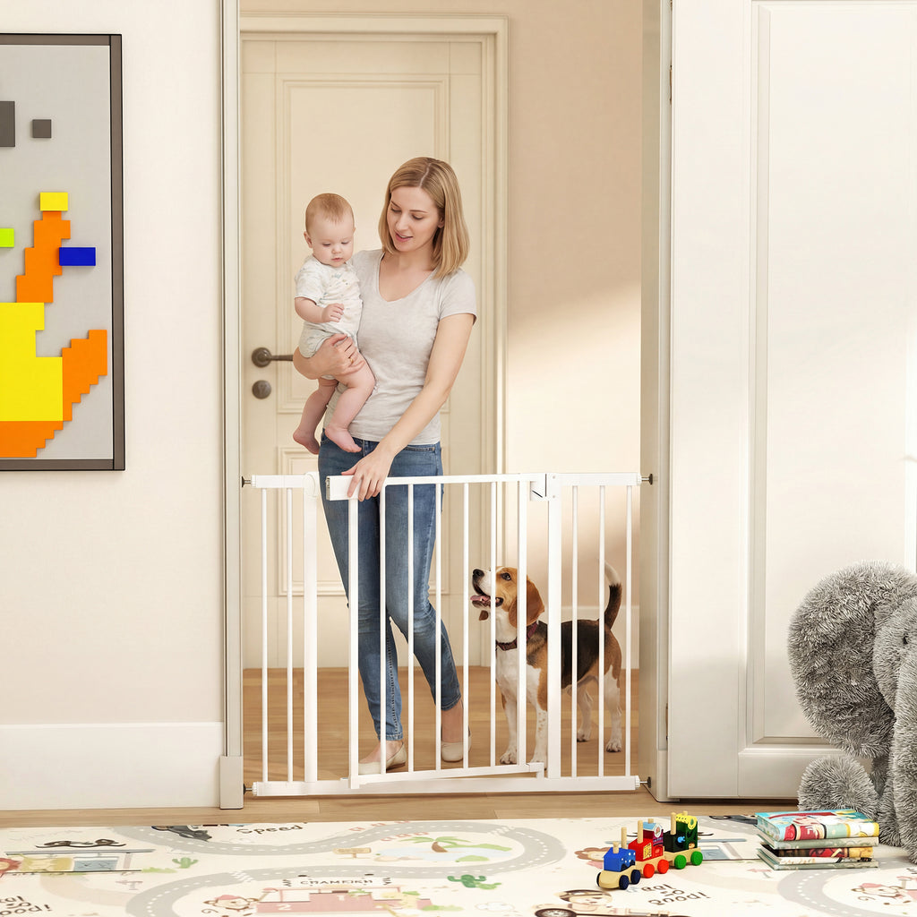 Barrière de sécurité pour chiens et bébés 76 à 102 cm avec extension fixation par pression sans perçage blanc-1