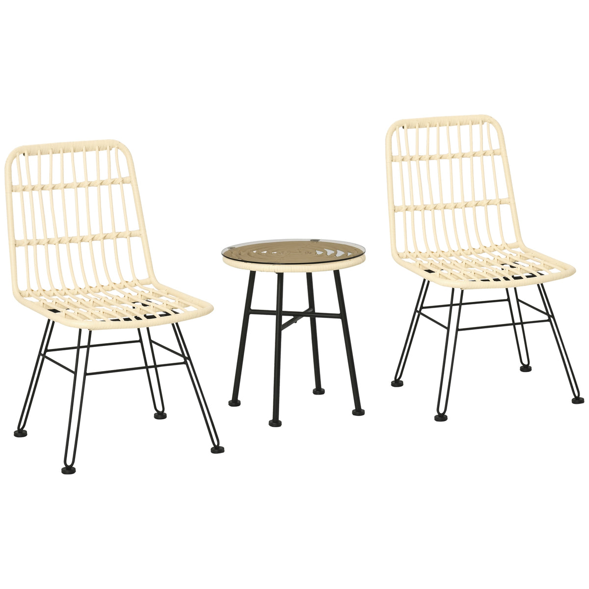 Ensemble bistro de jardin 3 pièces 2 chaises + table basse ronde verre trempé 2 coussins crème-0
