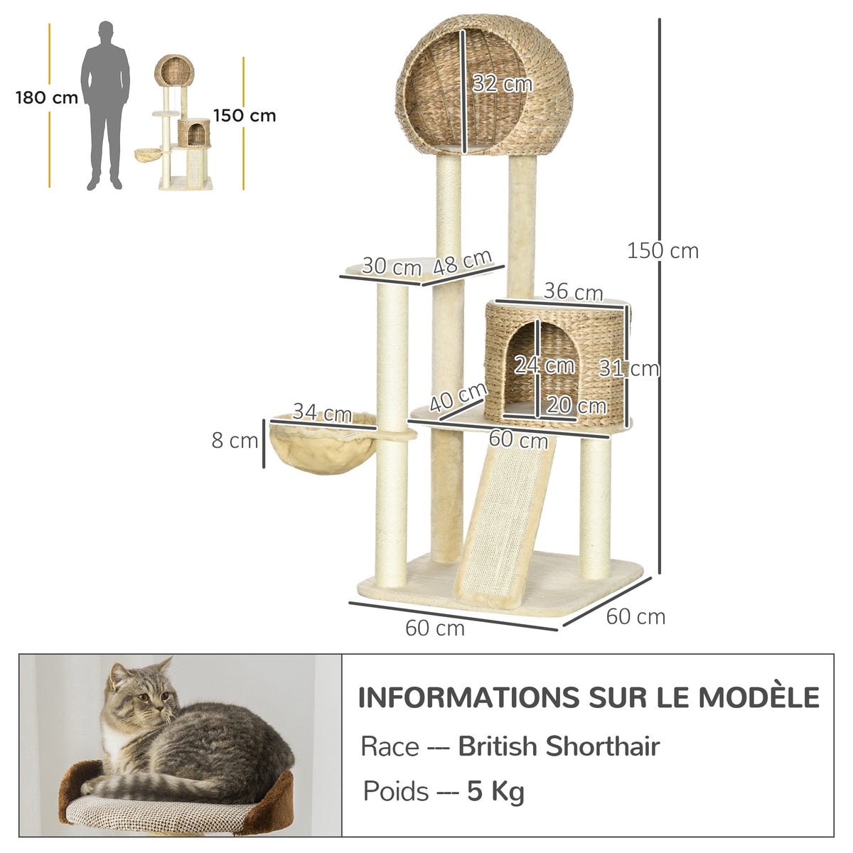 Arbre à chats griffoir sisal naturel 2 niches plateforme hamac peluche jacinthe d'eau - 60 x 60 x 150 cm beige-2