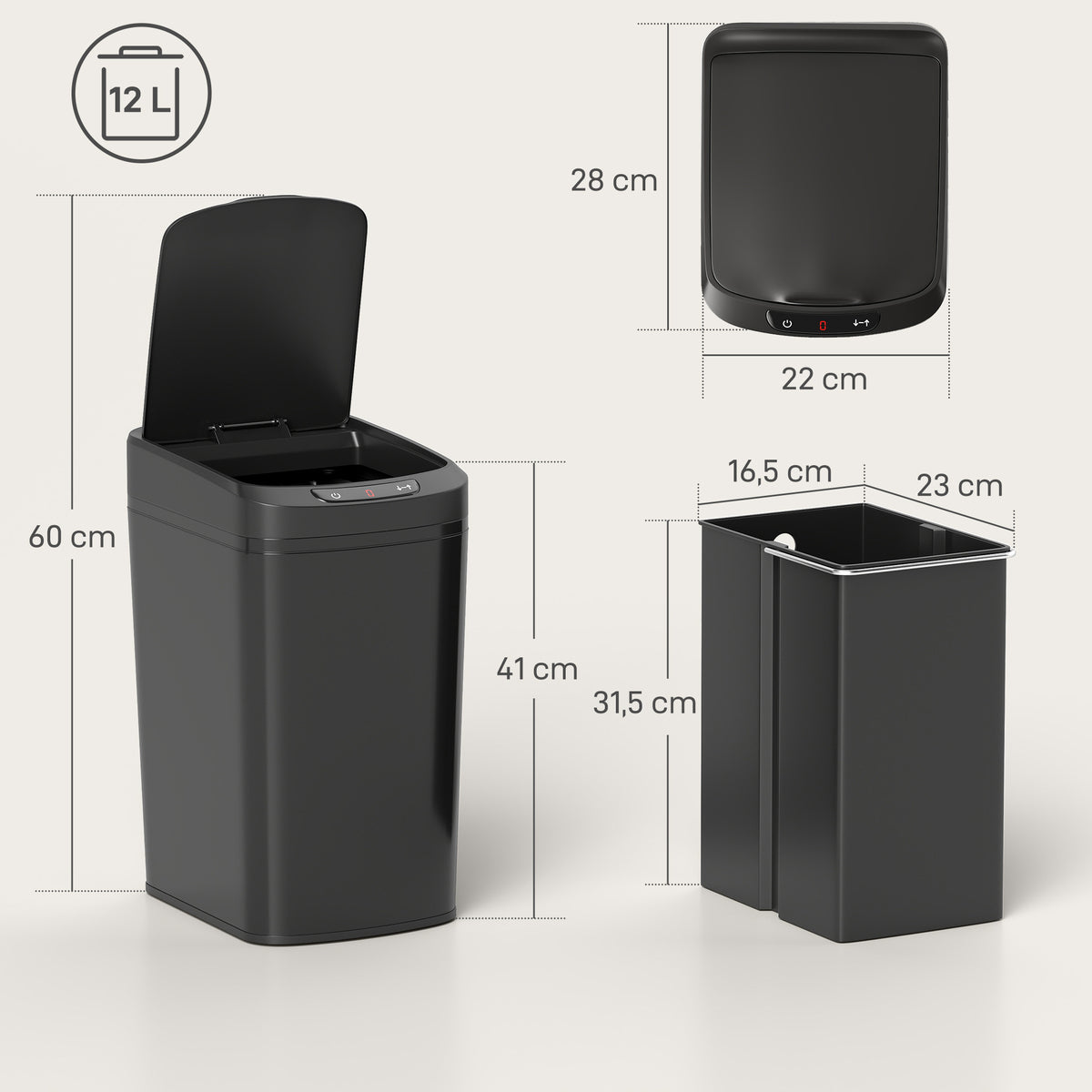Poubelle de Cuisine Automatique 12 L en Acier Inoxydable, Poubelle à Capteur avec Couvercle, 28 x 22 x 41 cm, Noir-2