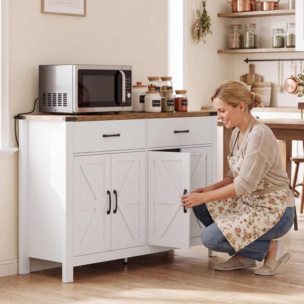 Buffet meuble de rangement style rural 2 tiroirs et 2 placards avec étagères réglables, 120 x 39,3 x 82,5 cm, blanc-5