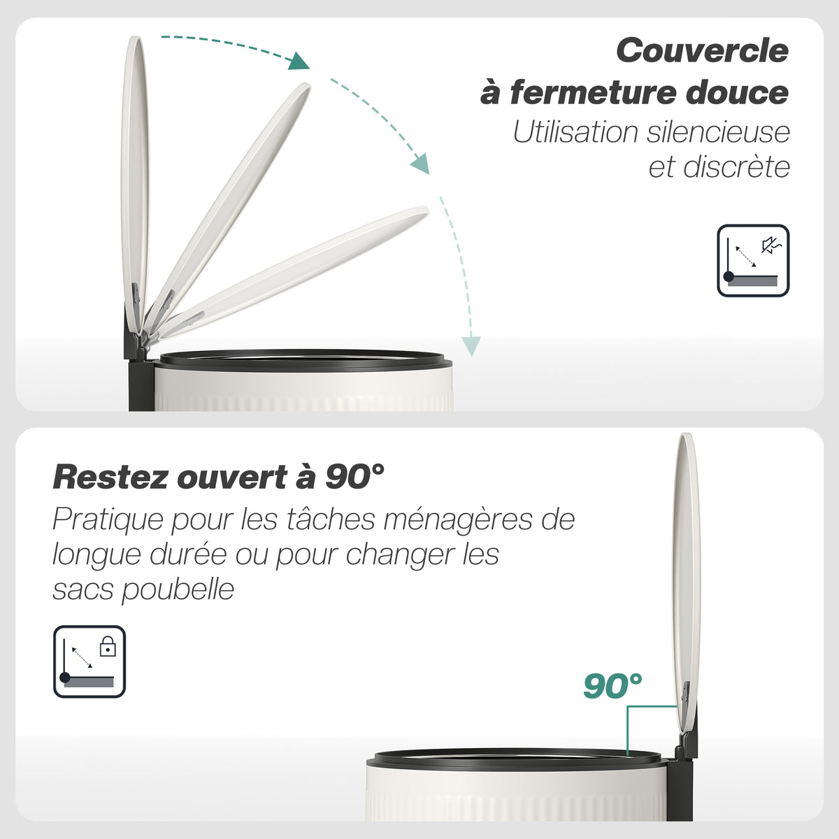 Poubelle cuisine 30L, poubelle à pédale avec seau intérieur amovible, couvercle à fermeture douce, 36x30x60,5cm, crème-4