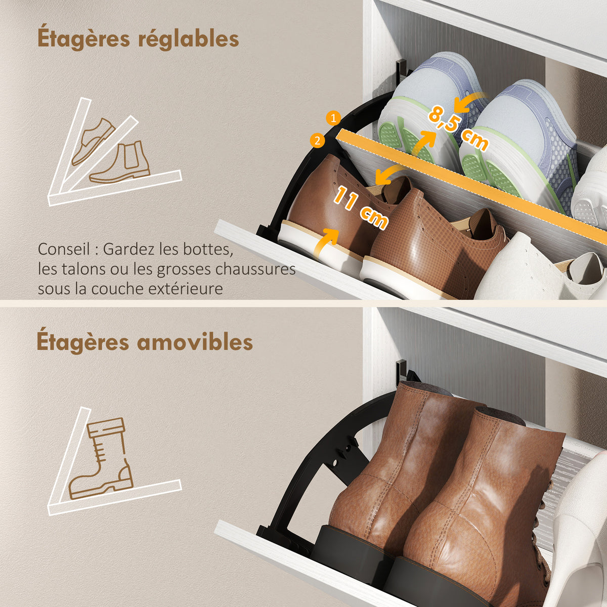 Meuble à chaussures 12 paires, armoire à chaussures, 2 tiroirs rabattables, 4 compartiments, 99,4x23,8x106,6cm, blanc-5