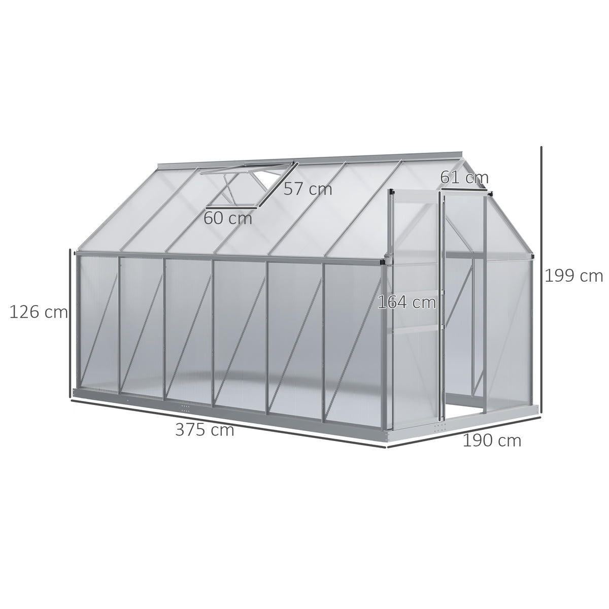 Serre de jardin 7,1 m² en aluminium polycarbonate avec fondation, 190 x 375 x 199 cm, serre avec fenêtre-2