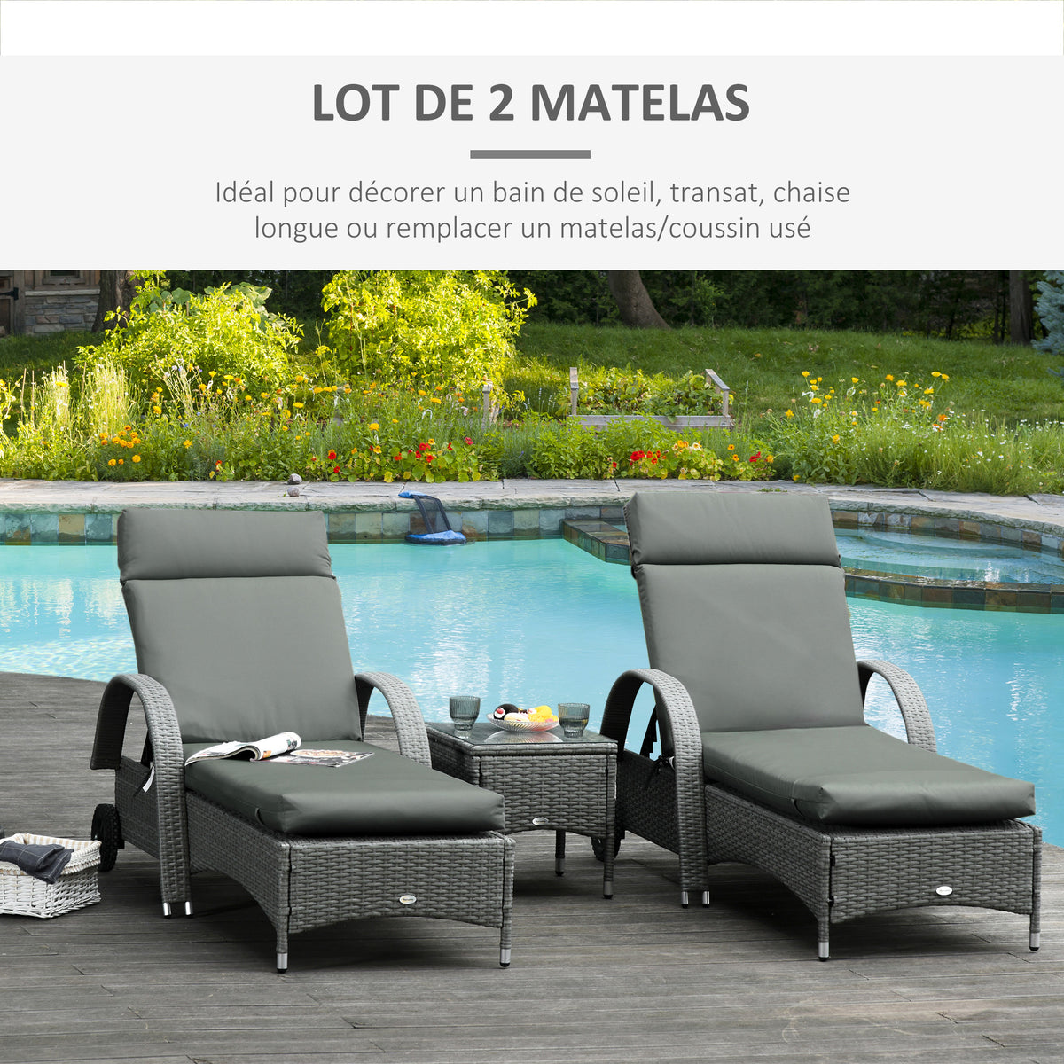 Lot de 2 Matelas pour Chaise Longue transat Bain de Soleil avec Sangles d'attache pour Jardin MATELAS-3