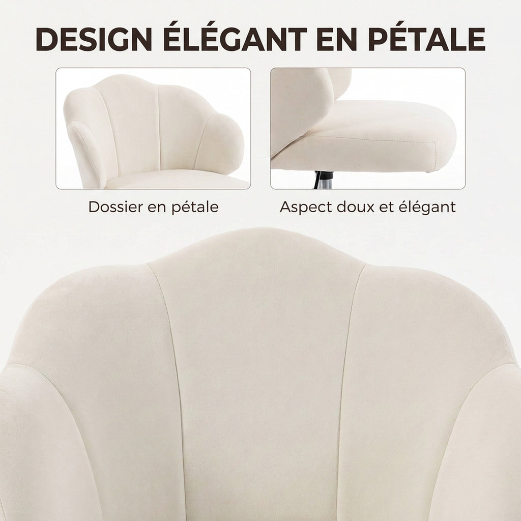 Chaise Bureau en Velours, Chaise Coiffeuse avec Dossier en Pétale, Hauteur Réglable, Fonction Bascule, Crème-4