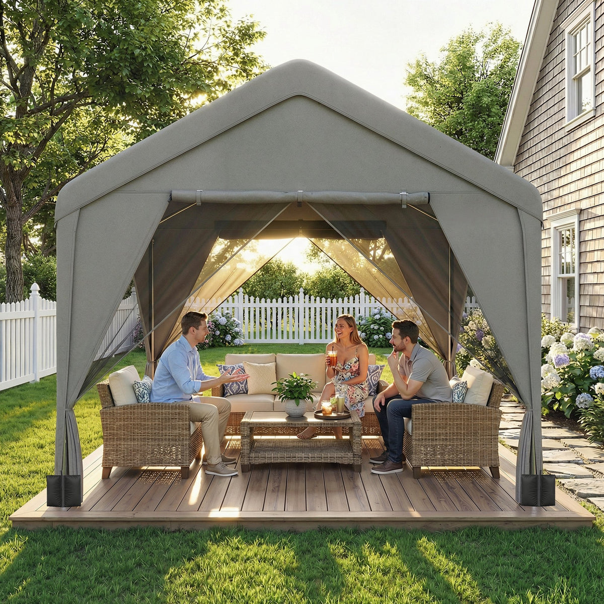 Tonnelle de jardin pavillon de jardin hydrofuge structure robuste en acier galvanisé avec toit double pente 3x3m gris-7