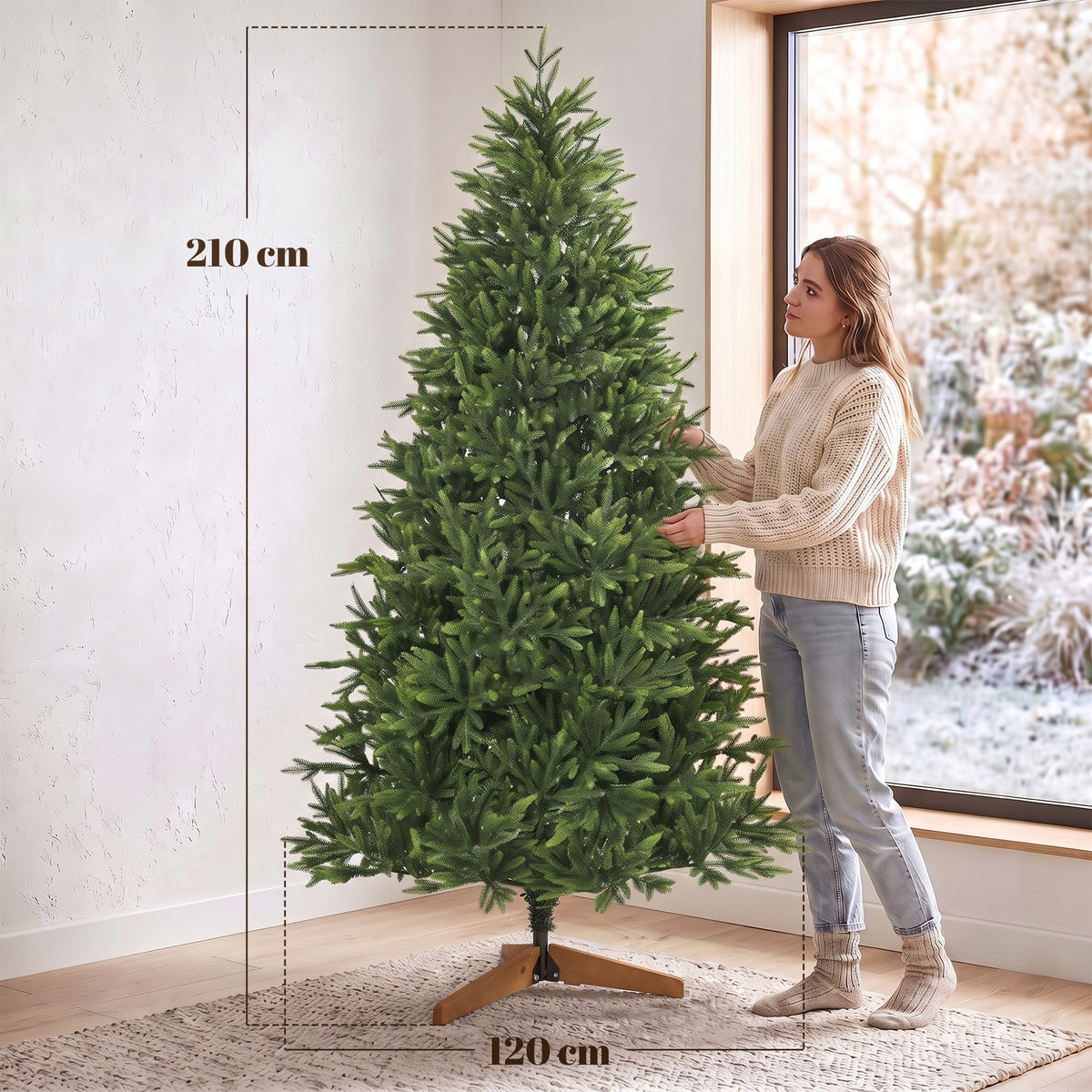 Sapin de Noël Artificiel 210 cm Nordmann, 1008 Pointes de Branches Articulées Réalistes en PE, Support en Bois, Vert-2