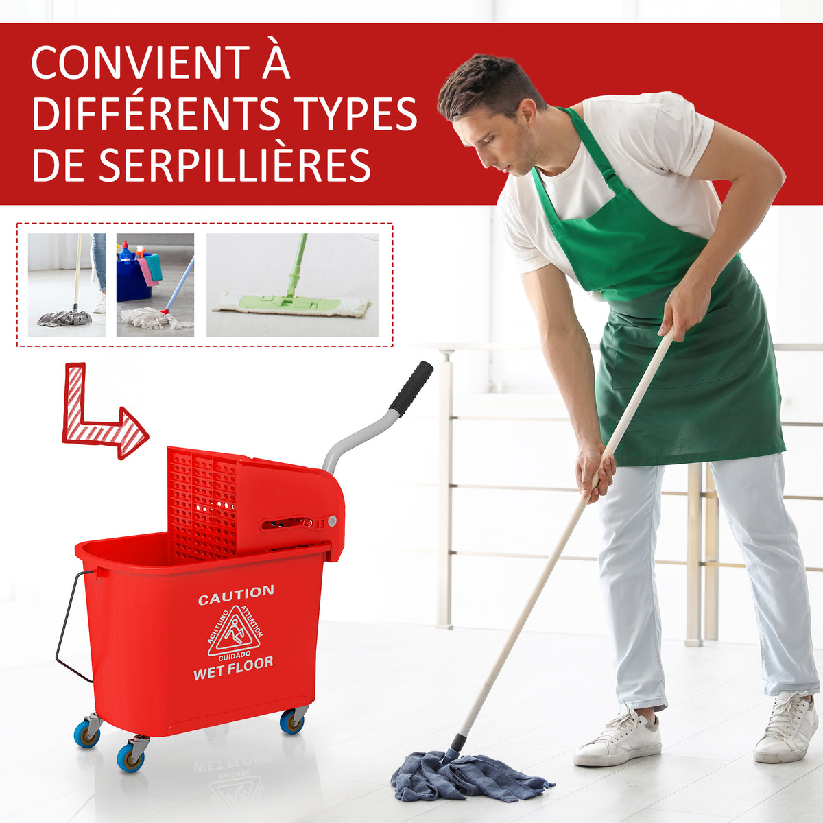 Chariot de nettoyage lavage seau de ménage 20 L avec essoreur et séparateur eau sale propre rouge 60L x 27l x 70,5H cm-6