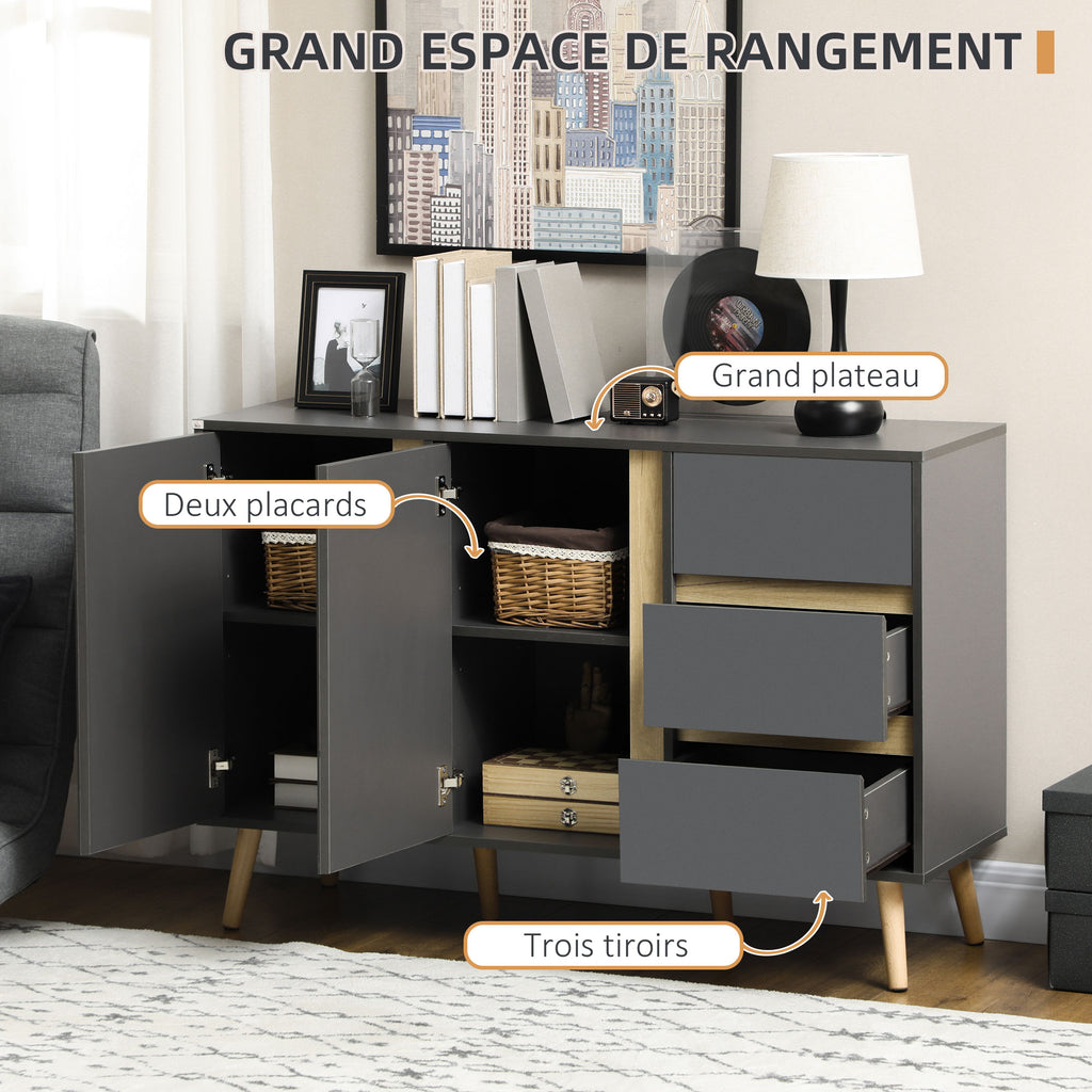 Buffet bas meuble de rangement sur pieds style scandinave 2 portes 3 tiroirs 120 x 40 x 80 cm gris anthracite-3