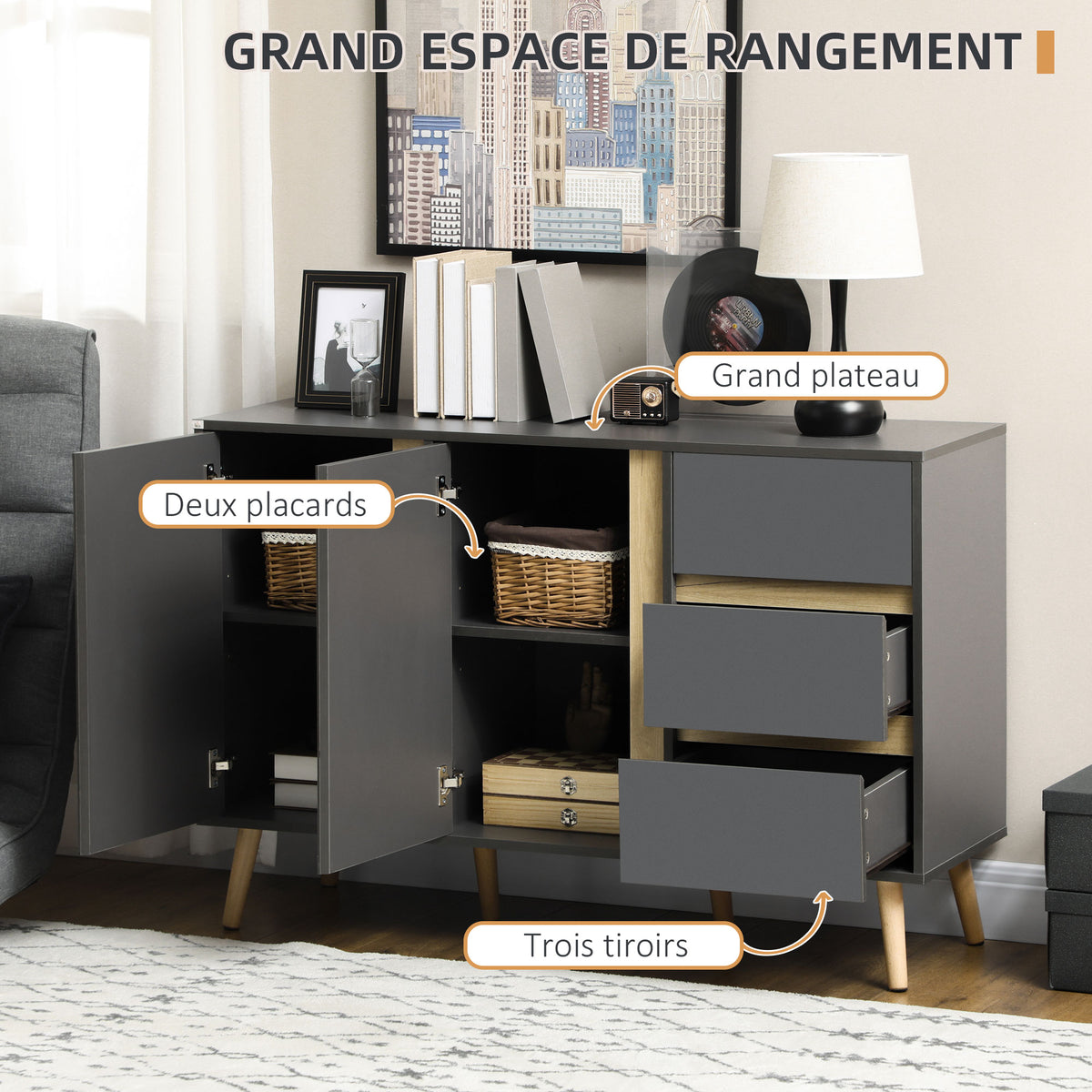 Buffet bas meuble de rangement sur pieds style scandinave 2 portes 3 tiroirs 120 x 40 x 80 cm gris anthracite-3