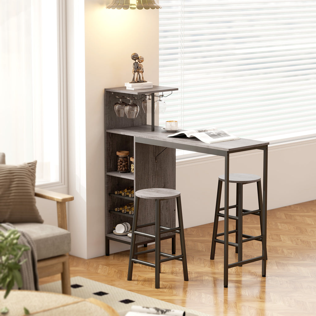 Ensemble table de bar avec tabourets, table à manger debout avec 2 chaises de bar étagères, casiers à vin, bois naturel-7
