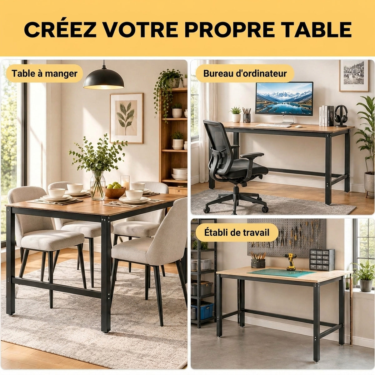 Pied de Table en Acier, Pied de Bureau Industriel avec Trous de Montage et Patins Réglables, 150 x 50 x 81,5 cm, Noir-4