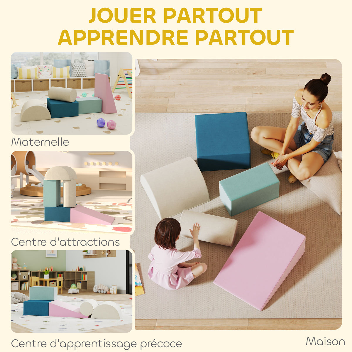 Parcours motricité bébé jouet d'escalade modulable 5 pièces housse lavable en velours 61 x 40,6 x 60 cm multicolore-6