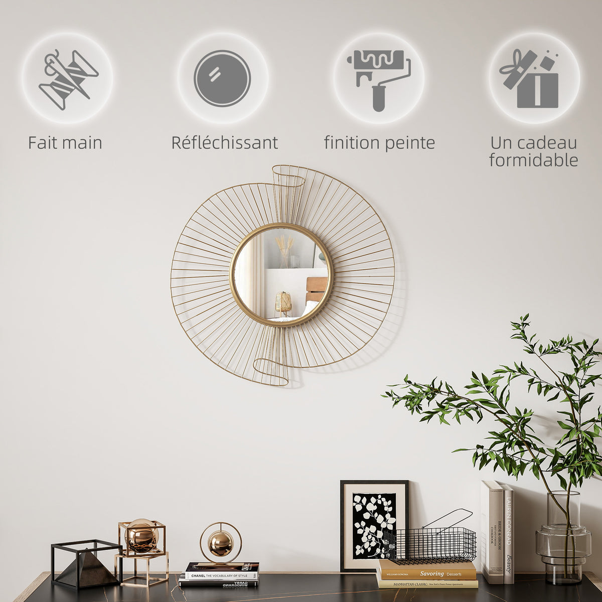 Miroir décoratif rond 60 cm avec fixation à 360°, décoration murale en métal moderne avec détails plissés, doré-5
