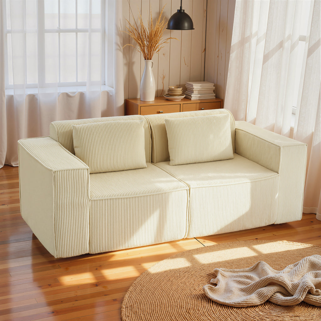 Canapé 3 places en velours côtelé, canapé rembourré, larges accoudoirs, 2 coussins, pas de montage, 202x90x76cm, beige-8