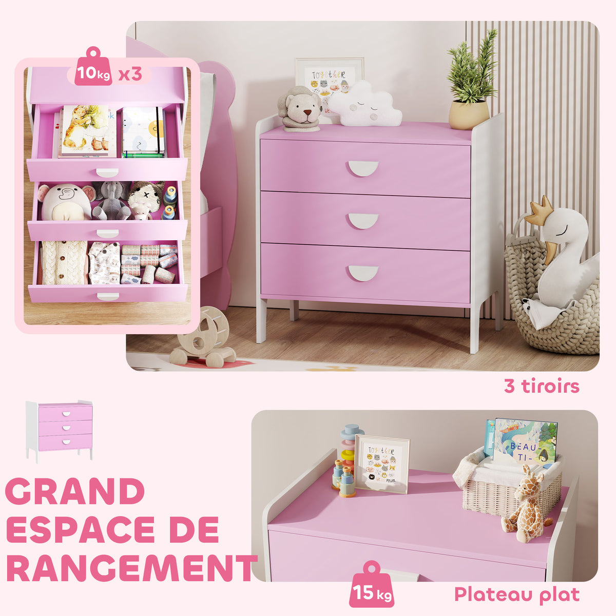 Commode pour enfants, commode rangement 3 tiroirs pour chambre d'enfant, crèche, salle de jeux, 60 x 40 x 60 cm, rose-3