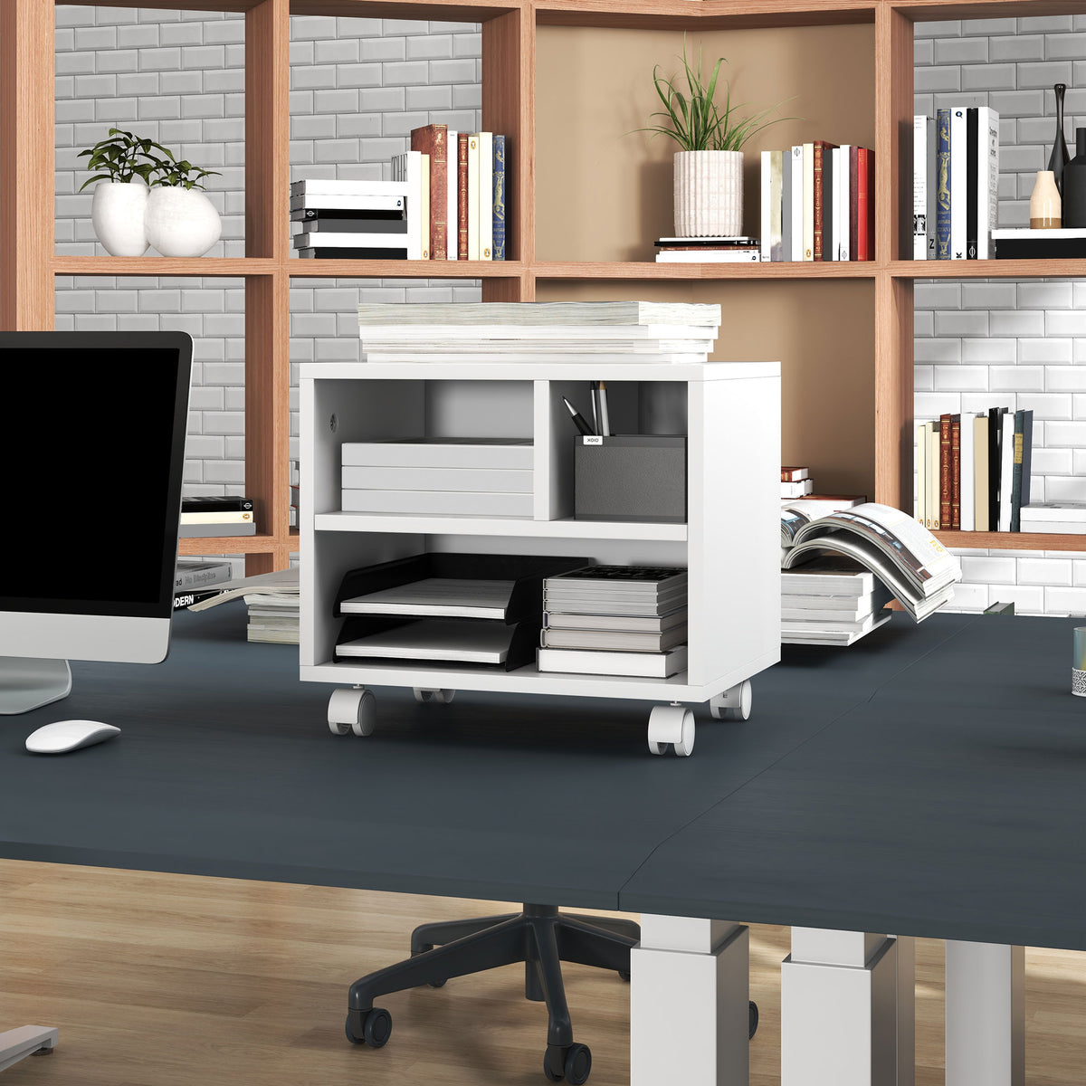 Support d'imprimante meuble de rangement bureau caisson 4 compartiments ouverts 40L x 30l x 36H cm blanc-6