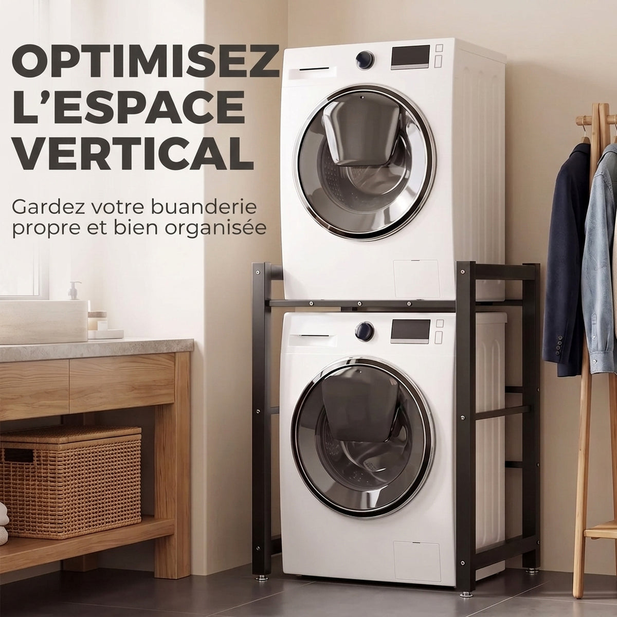 Support de superposition lave-linge/sèche-linge, 300 kg, avec pieds réglables et barre de séchage, noir-4